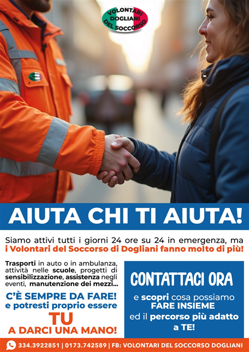 Inizio del corso di formazione per Volontari del Soccorso
Giovedì 6 novembre a Dogliani ore 20:30, Via dell'Ospedale 2